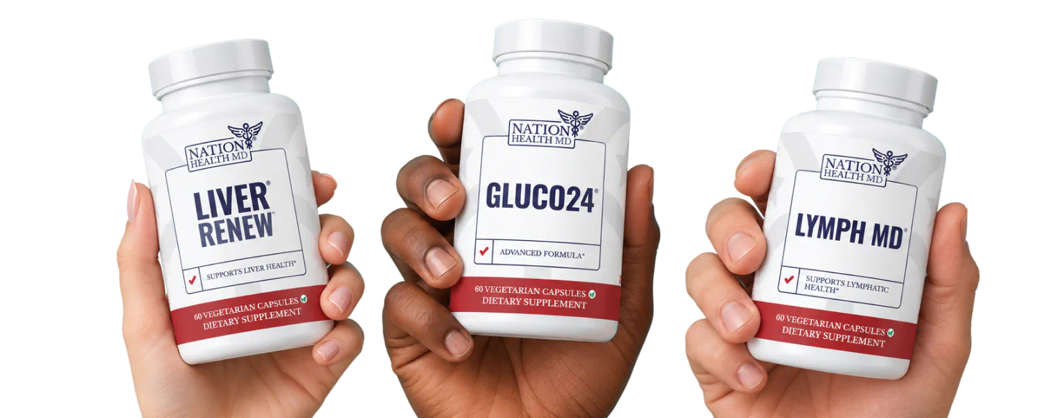 Hands holding Liver Renew, Gluco24 and Lymph MD bottles