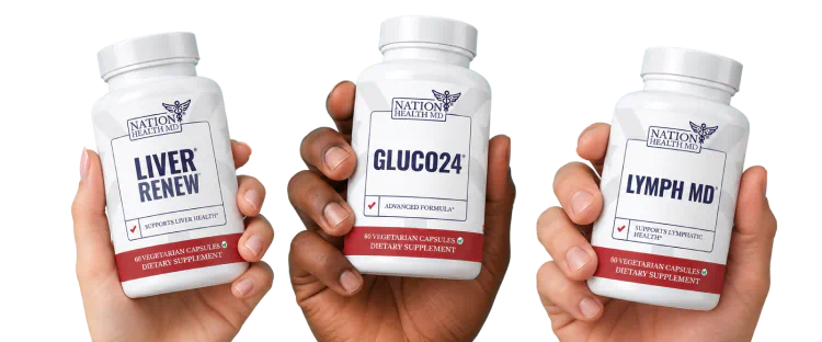 Hands holding Liver Renew, Gluco24 and Lymph MD bottles